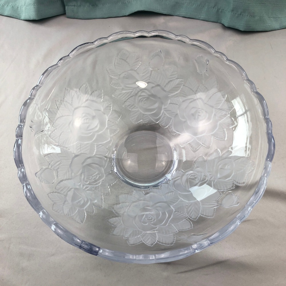 Vintage Frosted Rose Embossed Clear Glass Serving Bowl Scalloped Rim 1